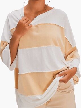 We The Free Tan & White Striped Boxy Sweatshirt